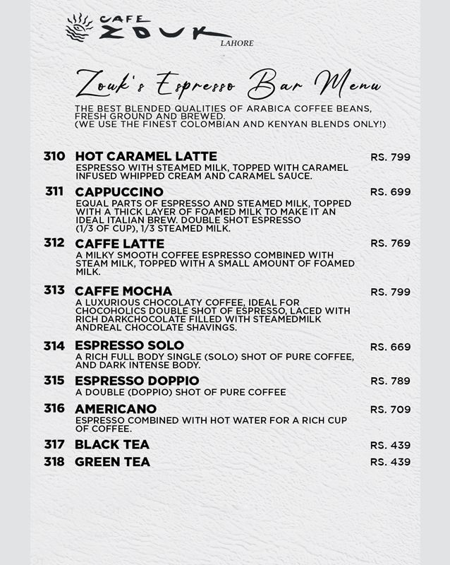 Cafe Zouk Menu In Lahore Rated 4 Dec 2025 